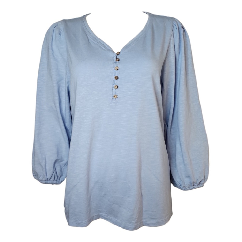 Soft Surroundings Top Womens L Large Light Blue Puff Sleeve Elowyn Buttons 2GH60